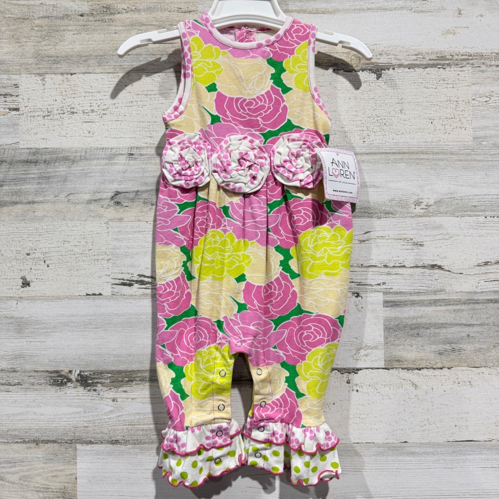Ann Loren Romper Girls 12-18M Pink Yellow Floral Rosette Ruffle Boutique NWT